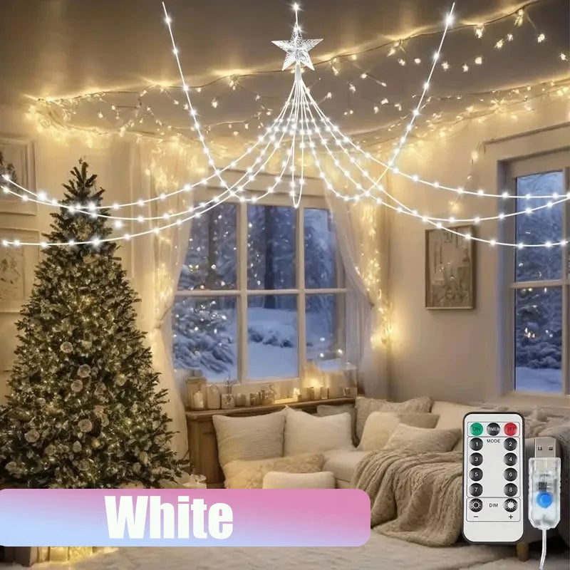 LED Outdoor Christmas Tree Decorations Star Waterfall Lights USB 2/3M Waterproof Fairy String Lights 8 Modes Indoor Yard Wedding Party Lighting