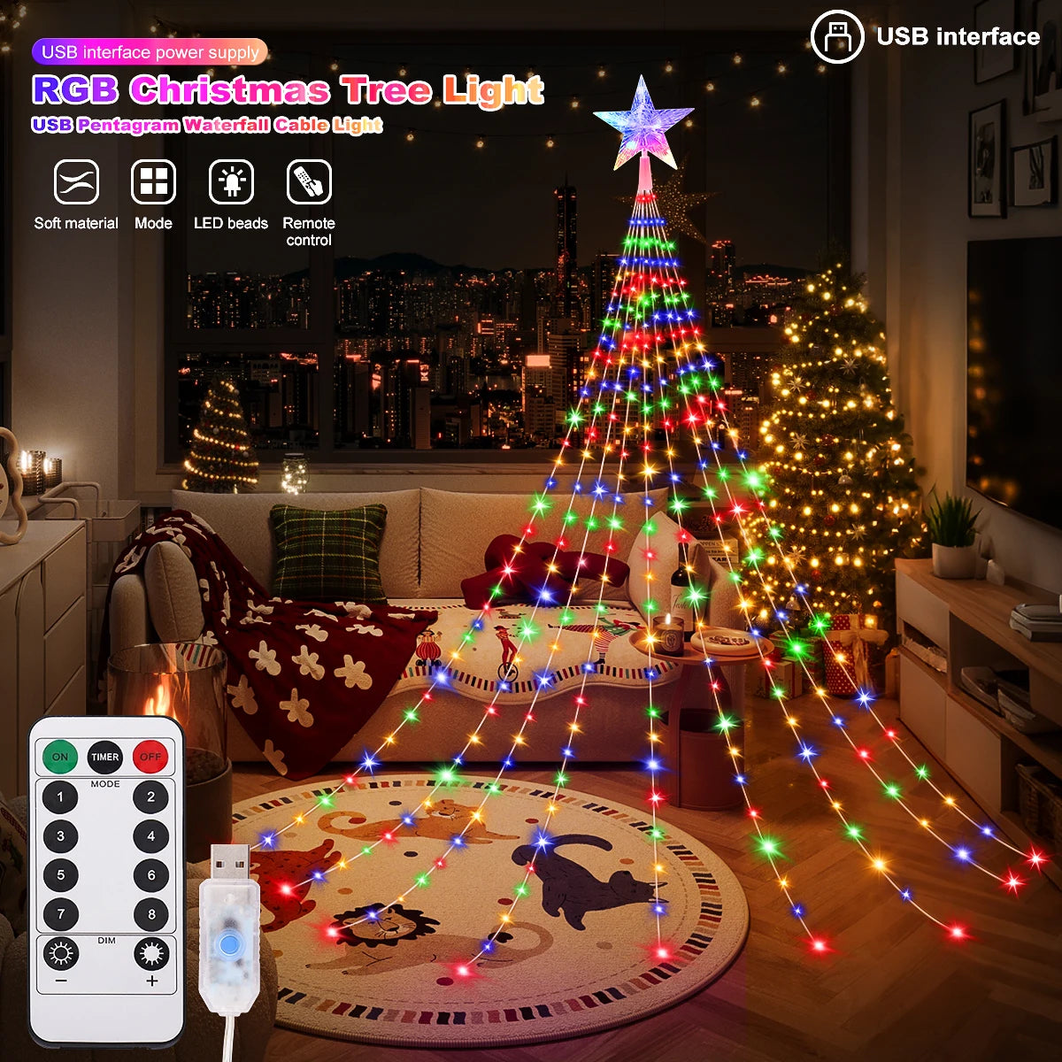 LED Outdoor Christmas Tree Decorations Star Waterfall Lights USB 2/3M Waterproof Fairy String Lights 8 Modes Indoor Yard Wedding Party Lighting