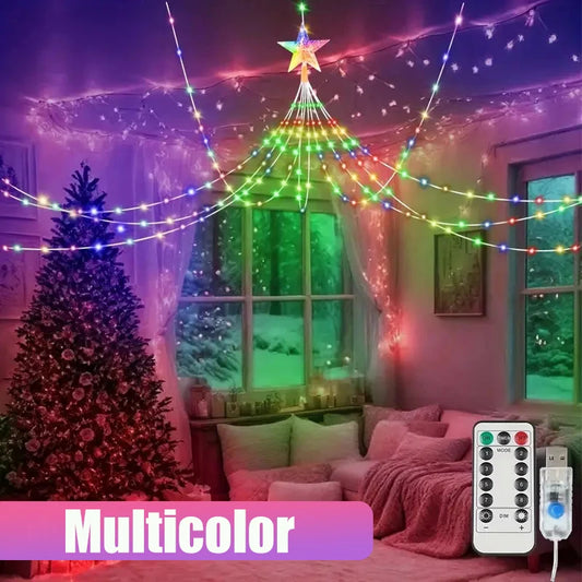 LED Outdoor Christmas Tree Decorations Star Waterfall Lights USB 2/3M Waterproof Fairy String Lights 8 Modes Indoor Yard Wedding Party Lighting