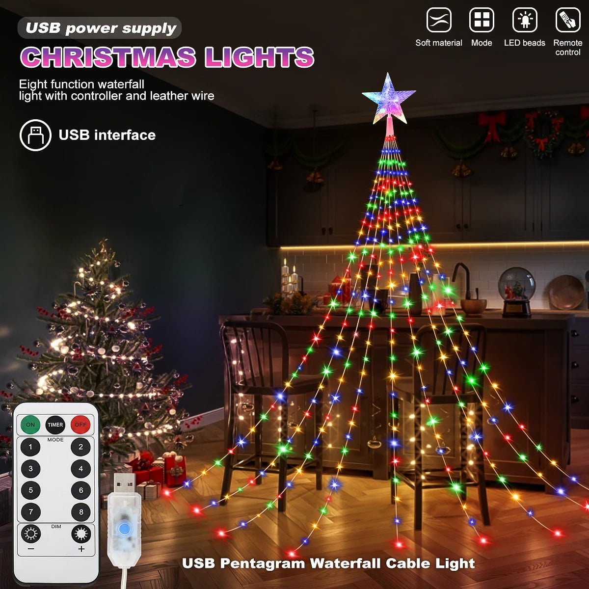 LED Outdoor Christmas Tree Decorations Star Waterfall Lights USB 2/3M Waterproof Fairy String Lights 8 Modes Indoor Yard Wedding Party Lighting