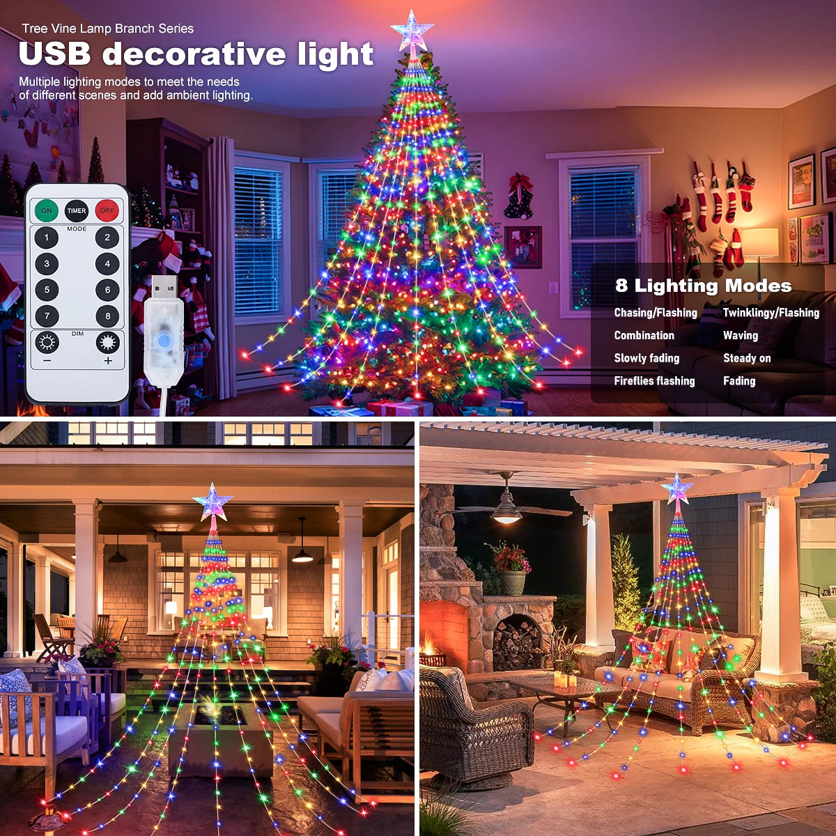 LED Outdoor Christmas Tree Decorations Star Waterfall Lights USB 2/3M Waterproof Fairy String Lights 8 Modes Indoor Yard Wedding Party Lighting