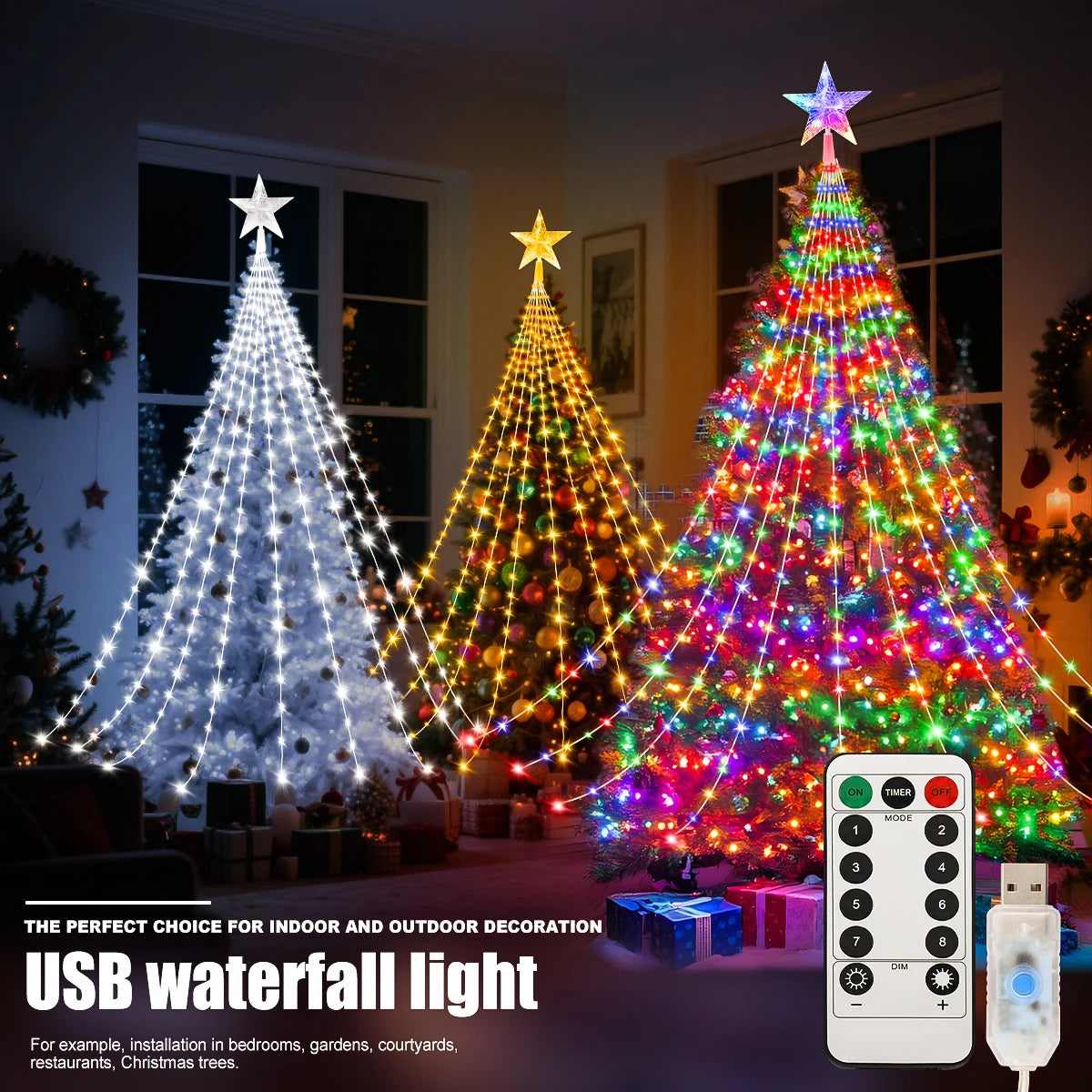 LED Outdoor Christmas Tree Decorations Star Waterfall Lights USB 2/3M Waterproof Fairy String Lights 8 Modes Indoor Yard Wedding Party Lighting